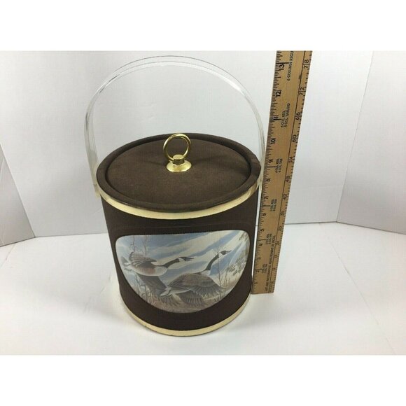 Vintage Norman R Wamer Ice Bucket Geese Birds In Flight Bar Suede Plastic MCM - Picture 8 of 12